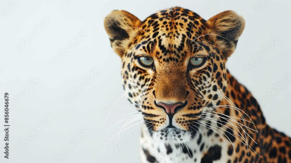 Obraz premium Leopard portrait gazing at camera on white background