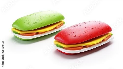 3D rendering of two colorful cartoon sandwiches. The sandwiches are red and green and have different fillings. photo