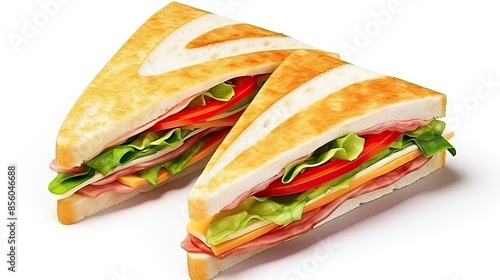 A delicious toasted sandwich cut in half with lettuce, tomato, cheese and ham. The sandwich is isolated on a white background. photo