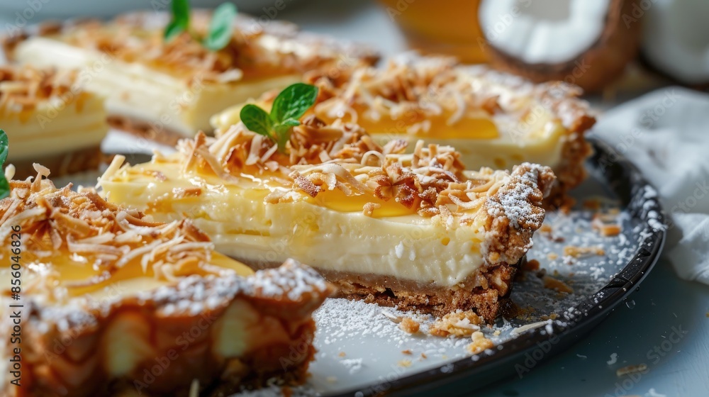 Coconut Cream Tropical Tart Slices with Honey on Top Coconut Cream Tropical Tart Slices with Honey on Top