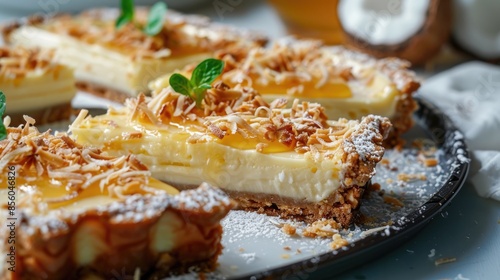Coconut Cream Tropical Tart Slices with Honey on Top photo