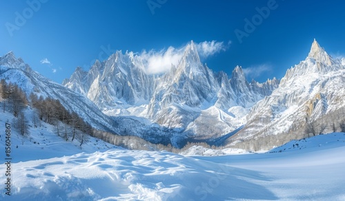 Wallpaper Mural A breathtaking mountain landscape with towering peaks blanketed in snow, a clear blue sky, and a pristine snowfield in the foreground Torontodigital.ca