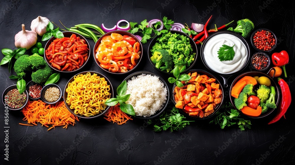 A vibrant display of fresh vegetables, herbs, and spices arranged on a dark background, showcasing a variety of healthy food ingredients. A vibrant display of fresh vegetables, herbs, and spices arranged on a dark background, showcasing a variety of healthy food ingredients.