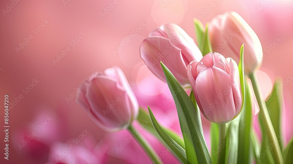 Fototapeta premium Elegant pink tulips with soft focus on a pink background, ideal for birthday cards