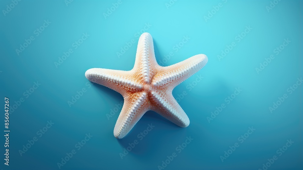 This is a photograph of a starfish on a blue background. The starfish is white and has a textured surface. It is in focus and centered in the frame. This is a photograph of a starfish on a blue background. The starfish is white and has a textured surface. It is in focus and centered in the frame.