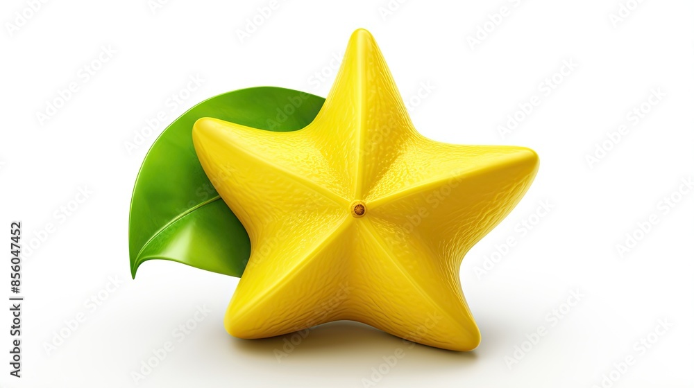 3D rendering of a yellow star fruit with green leaf isolated on white background. 3D rendering of a yellow star fruit with green leaf isolated on white background.