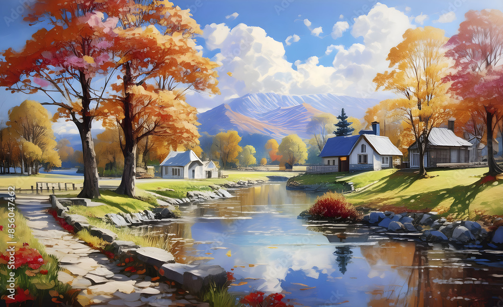 An autumn trees with orange yellow leaves near river, artistic vision of beautiful autumn landscape, oil painting on canvas
An autumn trees with orange yellow leaves near river, artistic vision of beautiful autumn landscape, oil painting on canvas