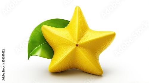 3D rendering of a yellow star fruit with green leaf isolated on white background.