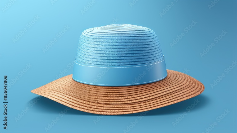 Blue and brown straw hat isolated on blue background. Summer hat. 3d rendering. Blue and brown straw hat isolated on blue background. Summer hat. 3d rendering.