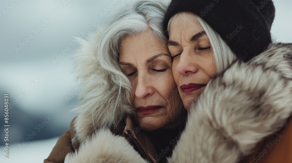 A heartfelt image of two mature women consoling each other in winter attire, expressing empathy and support amidst cold surroundings A heartfelt image of two mature women consoling each other in winter attire, expressing empathy and support amidst cold surroundings