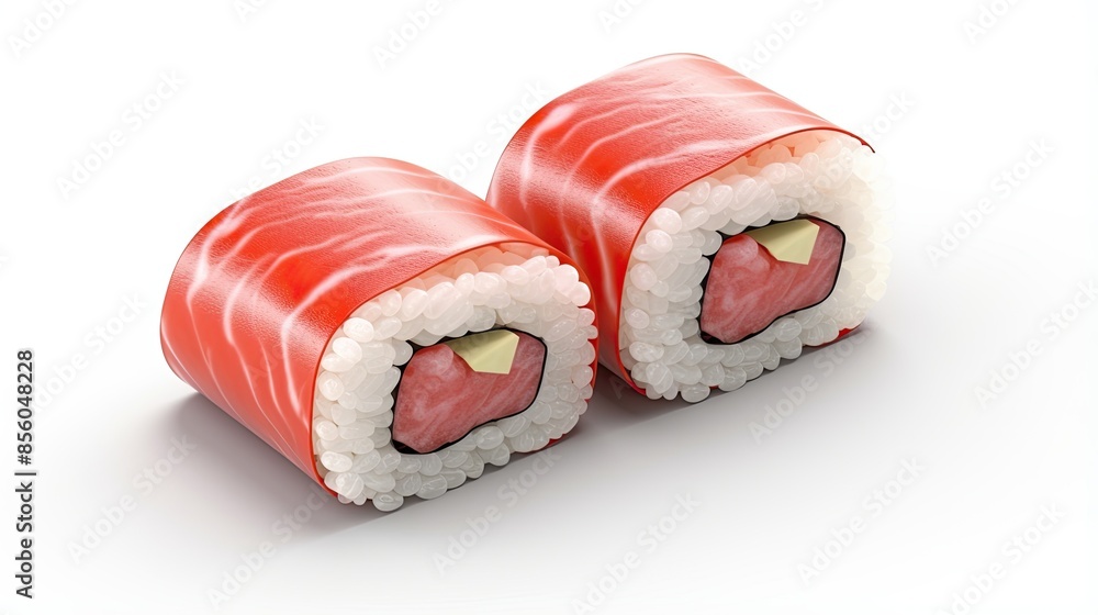 Two pieces of sushi with red fish on top. The sushi is isolated on a white background. Two pieces of sushi with red fish on top. The sushi is isolated on a white background.