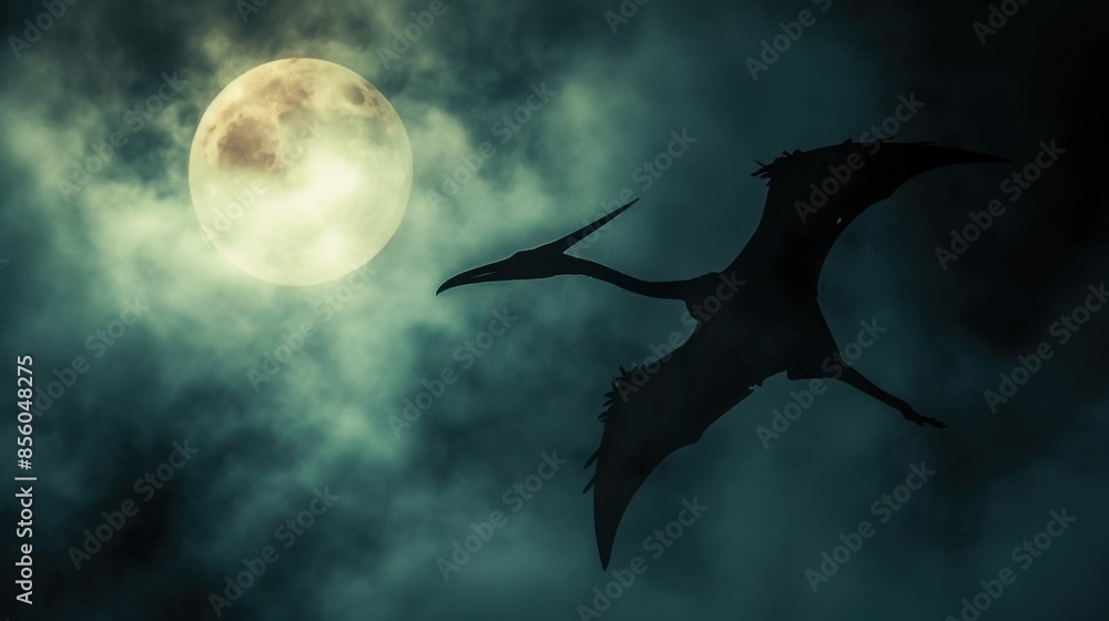 Naklejka premium Flying dinosaur, Pterodactyl, flying high in sky with moon. Photorealistic.