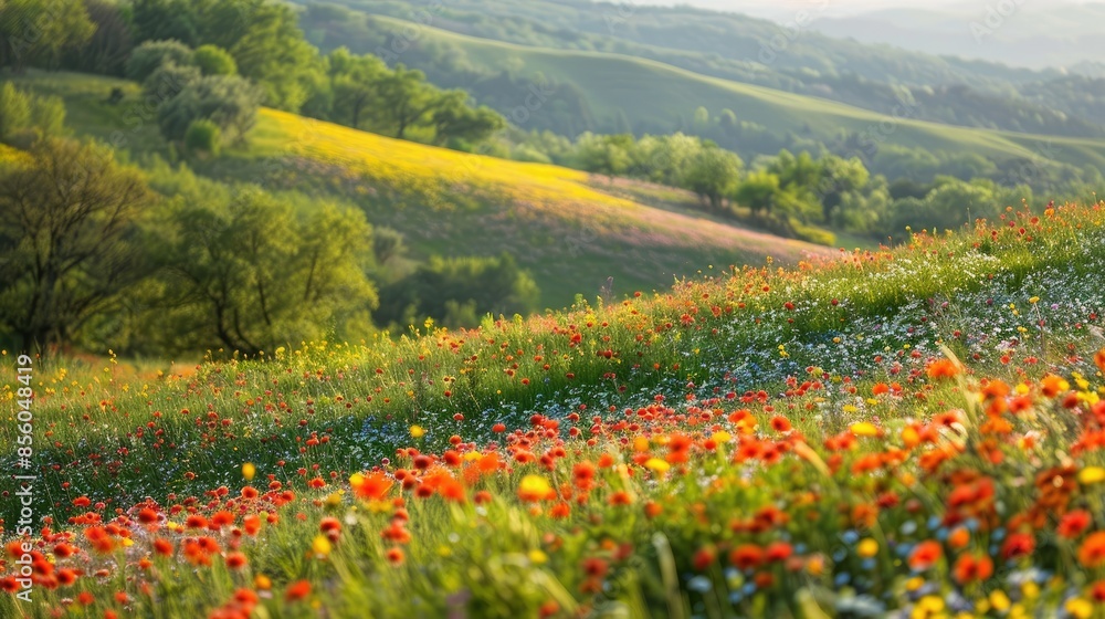 Hillside covered in blooming spring flowers, colorful and vibrant Hillside covered in blooming spring flowers, colorful and vibrant