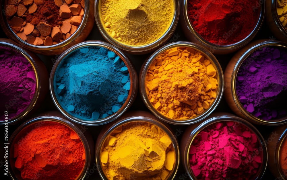 A vibrant display of colorful powder pigments arranged in metal tins, showcasing a spectrum of bright hues for artistic inspiration. A vibrant display of colorful powder pigments arranged in metal tins, showcasing a spectrum of bright hues for artistic inspiration.