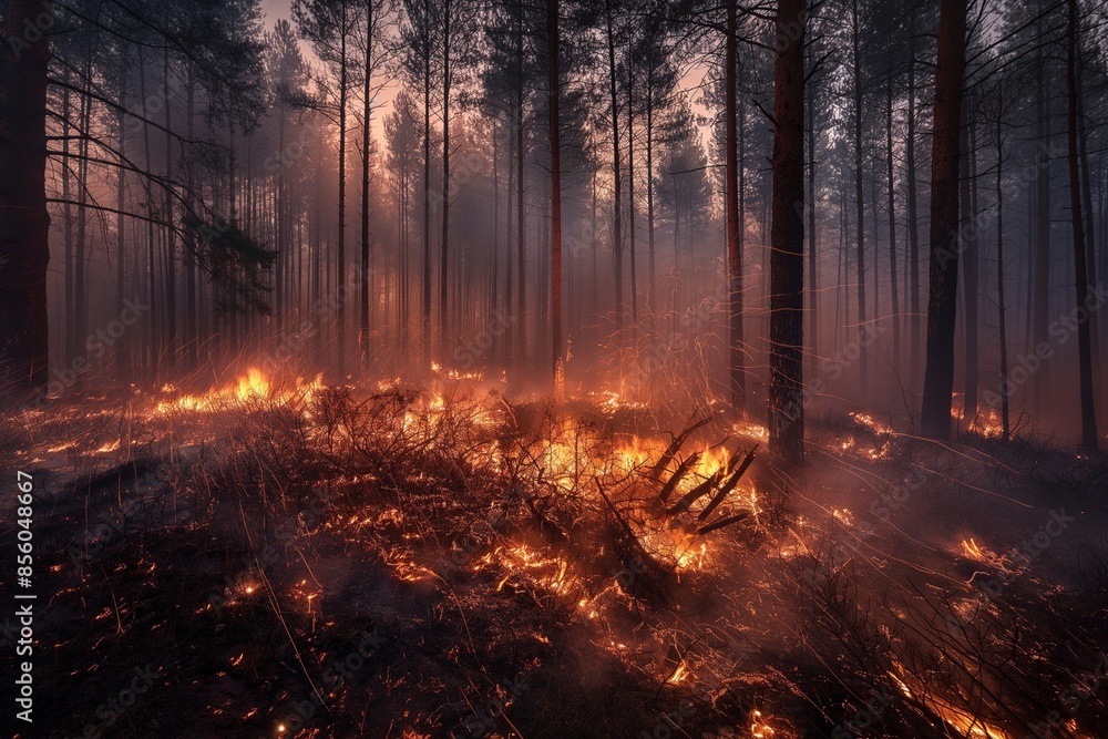 A photo of a large forest fire raging, with flames and smoke filling the sky. This illustrates the concept of global warming, climate crisis and forest fires. A photo of a large forest fire raging, with flames and smoke filling the sky. This illustrates the concept of global warming, climate crisis and forest fires.