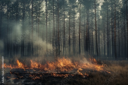 A photo of a large forest fire raging, with flames and smoke filling the sky. This illustrates the concept of global warming, climate crisis and forest fires.