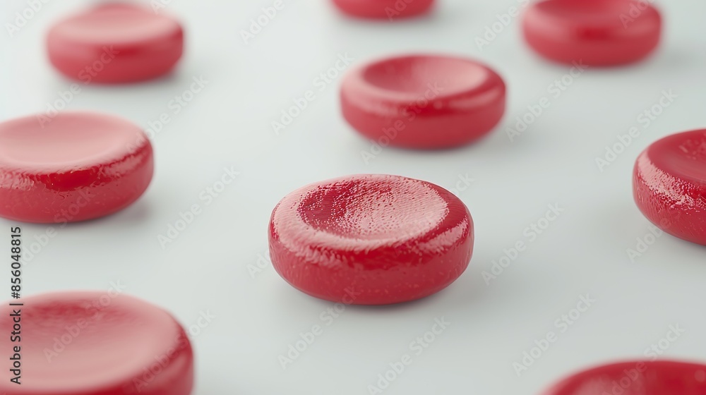 A scientific illustration of red blood cells, highlighting their unique biconcave shape, isolated on a clean background A scientific illustration of red blood cells, highlighting their unique biconcave shape, isolated on a clean background