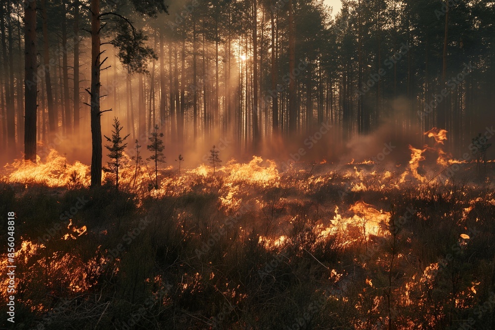 A photo of a large forest fire raging, with flames and smoke filling the sky. This illustrates the concept of global warming, climate crisis and forest fires. A photo of a large forest fire raging, with flames and smoke filling the sky. This illustrates the concept of global warming, climate crisis and forest fires.