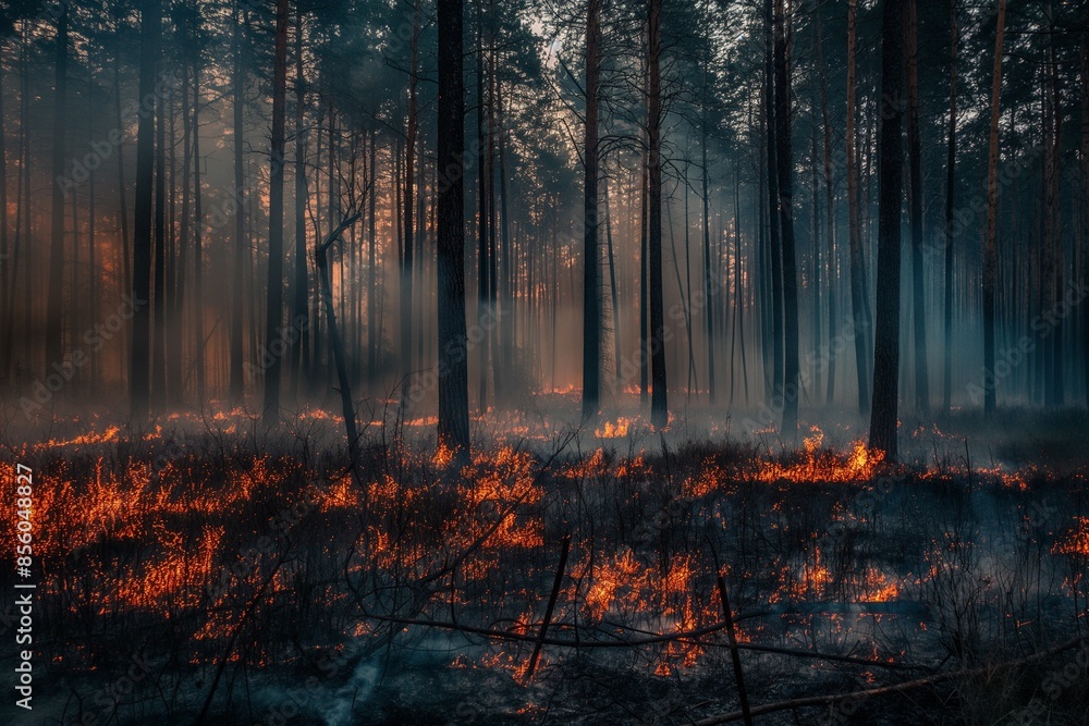 A photo of a large forest fire raging, with flames and smoke filling the sky. This illustrates the concept of global warming, climate crisis and forest fires. A photo of a large forest fire raging, with flames and smoke filling the sky. This illustrates the concept of global warming, climate crisis and forest fires.