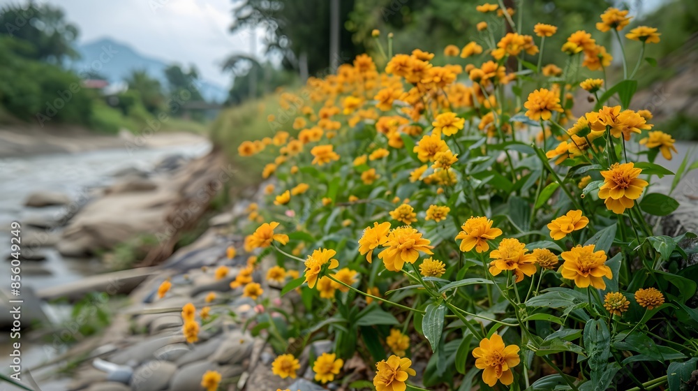 Obraz premium A typical scene in the Thai countryside, close-up of a large number of little yellow flowers in full bloom growing next to a concrete walkway on the side of a road on the bank of a rocky river.