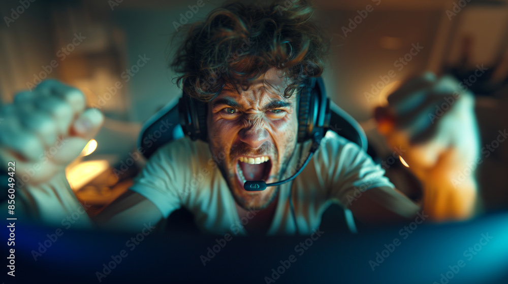 angry man with curly hair playing video games with headset yelling at screen angry man with curly hair playing video games with headset yelling at screen