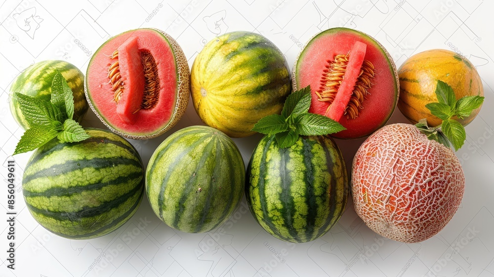 An HD image of fresh melons, their variety of cantaloupe, honeydew, and watermelon, vibrant and fresh, isolated on a Transparent background, An HD image of fresh melons, their variety of cantaloupe, honeydew, and watermelon, vibrant and fresh, isolated on a Transparent background,