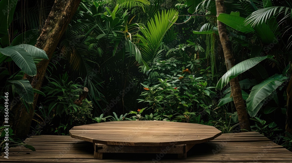 Outdoor wooden podium table in a lush tropical setting, blending with green leafy nature Outdoor wooden podium table in a lush tropical setting, blending with green leafy nature