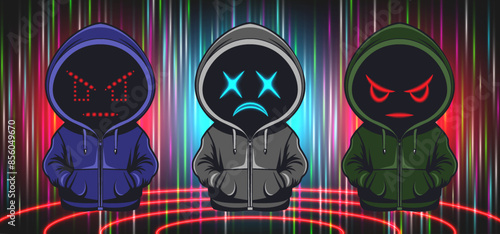 Vector set of stickers. Cartoon robots or little people in colored hoodies with sad and angry glowing emotions. Collection of scammers and bandits. Bright radiant abstract background.