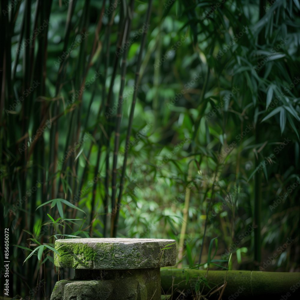 A circular stone platform amidst a quiet and shady green bamboo forest. A circular stone platform amidst a quiet and shady green bamboo forest.