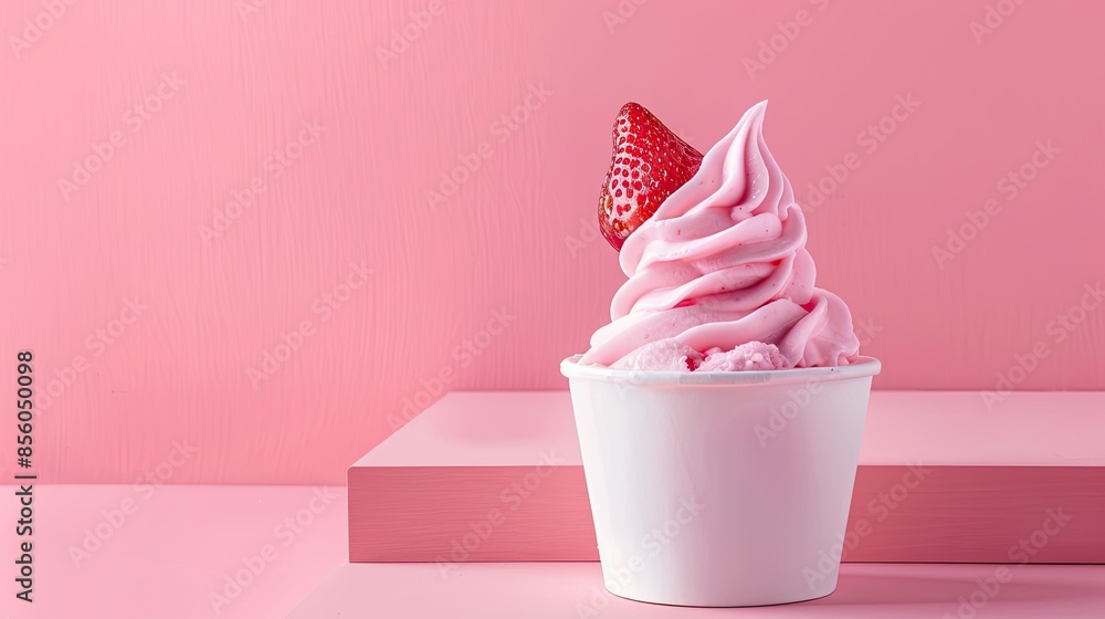 Realistic strawberry frozen yogurt in a cup, isolated on a pink background Realistic strawberry frozen yogurt in a cup, isolated on a pink background