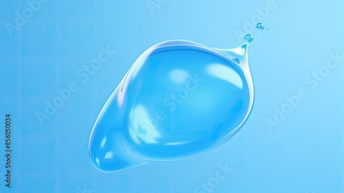 3D rendering of a blue water droplet. The droplet is smooth and reflective, and it appears to be floating in midair. © BozStock
