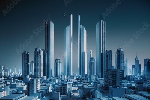 A blueish night scene of a futuristic city with skyscrapers and a crescent moon.

