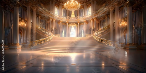 Elegant Medieval Banquet Hall with Baroque Columns, Staircases, Curtains, and Gold Chandeliers. Concept Medieval Banquet Hall, Baroque Columns, Staircases, Curtains, Gold Chandeliers, Elegant Décor © Ян Заболотний
