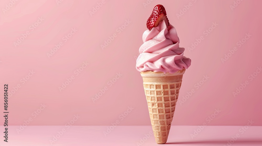 Strawberry frozen yogurt swirl in a cone, isolated against a pastel pink background