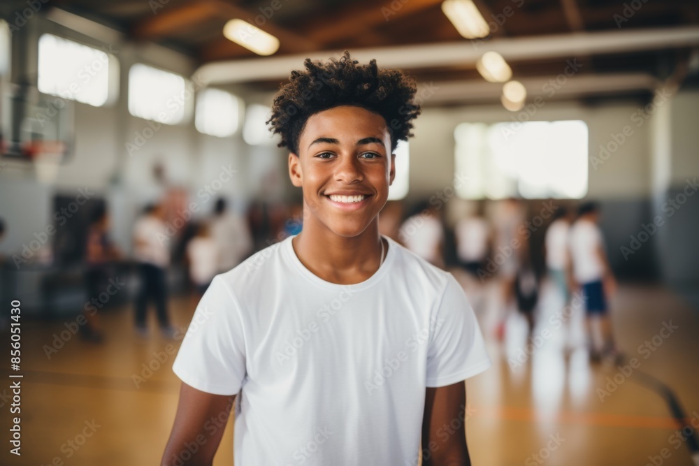 Fototapeta premium Smiling portrait of a male teenager in basketball gym
