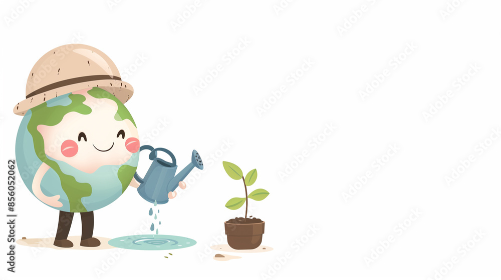 Naklejka premium Cute Earth character watering a plant in a pot