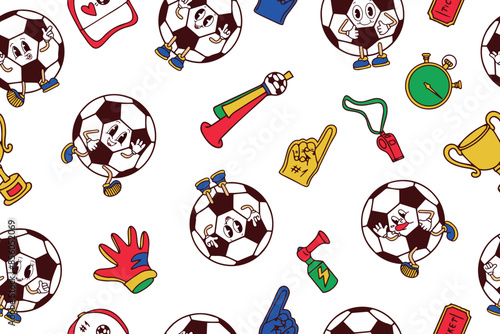Seamless pattern of accessories and paraphernalia of football players in doodle style. Football decorative illustration. Vector