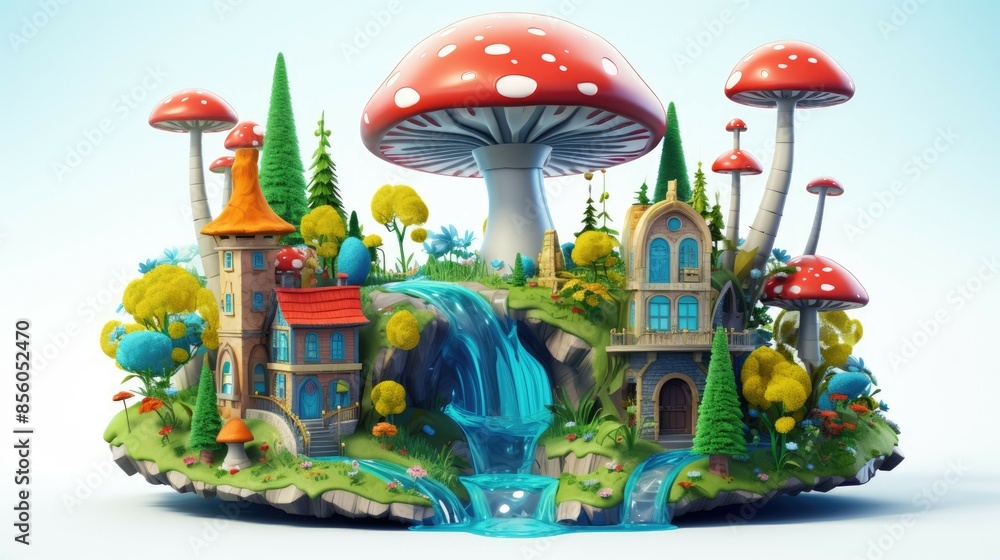 Whimsical 3D illustration of a fantasy world with cartoonish houses and giant mushrooms. Whimsical 3D illustration of a fantasy world with cartoonish houses and giant mushrooms.