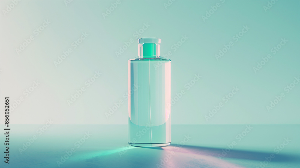 bottle of perfume, Glass cosmetic bottle mockup, 3D rendering, solid color background with pastel-toned highlights around the bottle, aesthetic, abstract background.