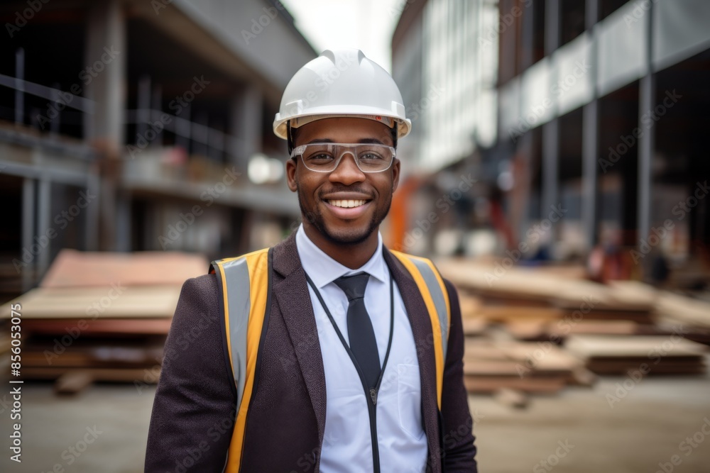 Smiling portrait construction engineer wearing hard hat at building site Smiling portrait construction engineer wearing hard hat at building site