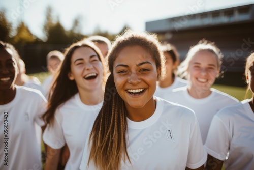 Group of happy young female athletes laughing on sports field © Vorda Berge