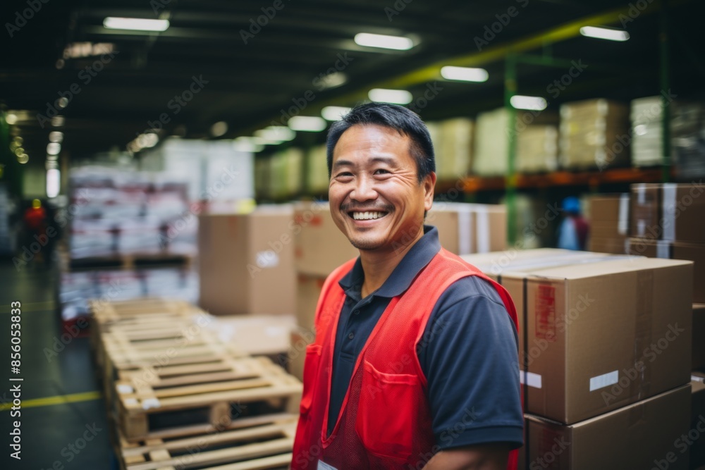 Smiling portrait of middle aged male warehouse worker Smiling portrait of middle aged male warehouse worker