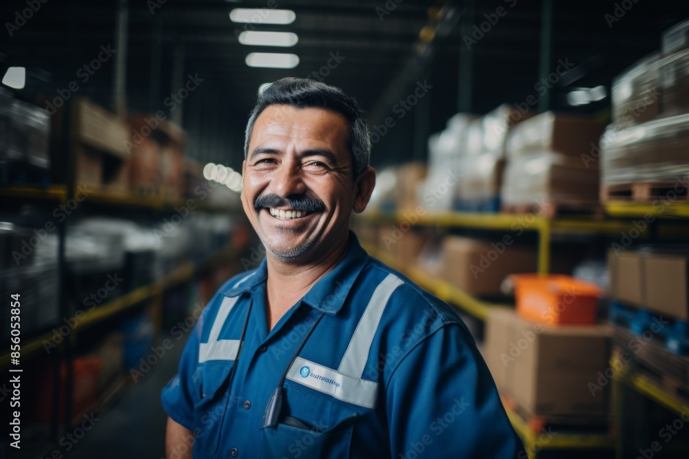 Smiling portrait of middle aged male warehouse worker Smiling portrait of middle aged male warehouse worker