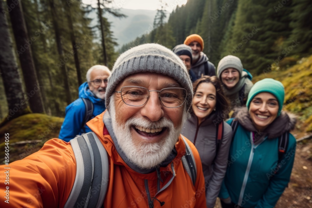 Group portrait of senior friends hiking in the rain Group portrait of senior friends hiking in the rain
