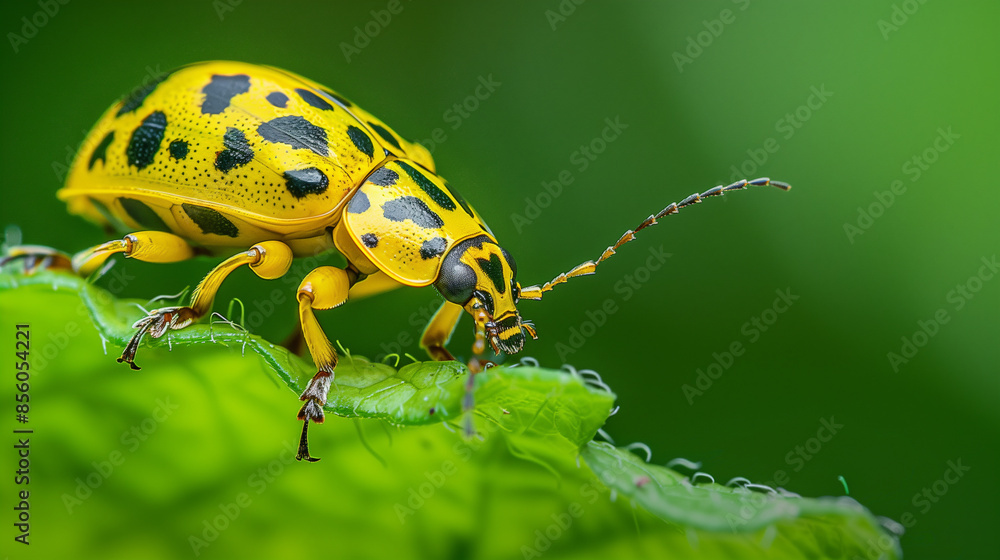 Fototapeta premium Yellow spotted beetle on a green leaf in nature