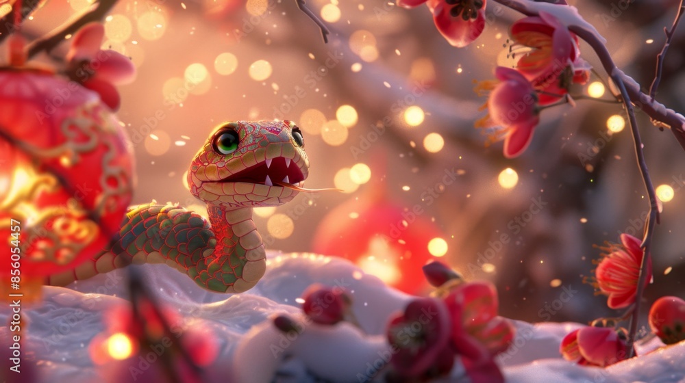 Cute Festive Snake with Lanterns and Blossoms - Generative AI Cute Festive Snake with Lanterns and Blossoms - Generative AI