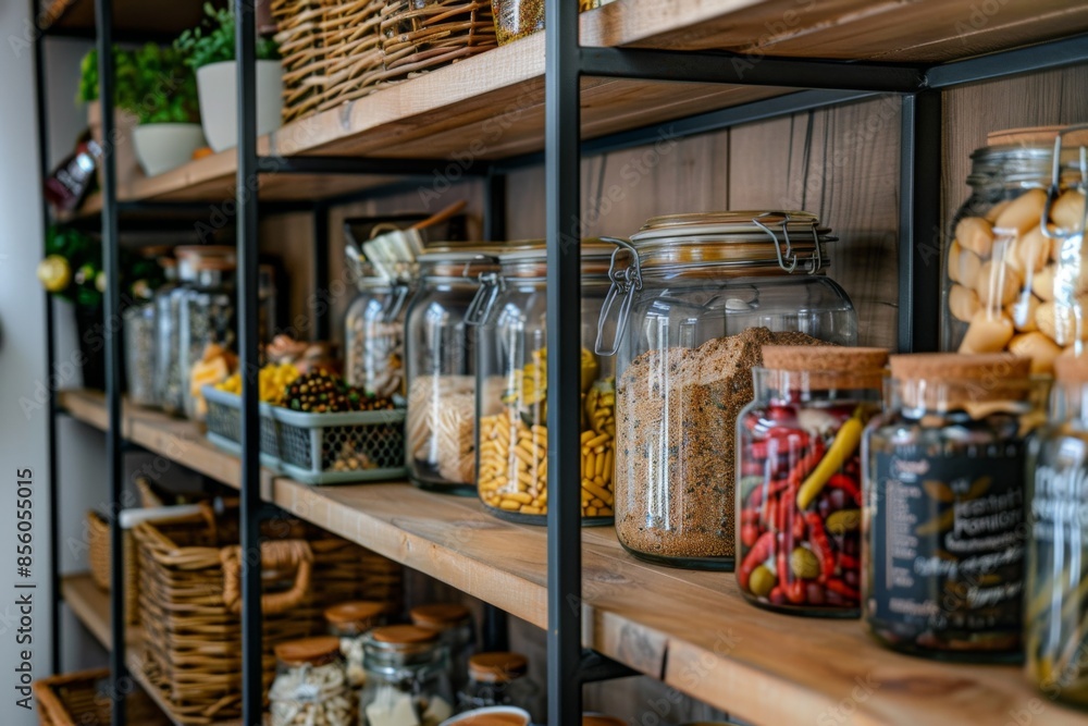 Organized home pantry with jars of food storage Organized home pantry with jars of food storage