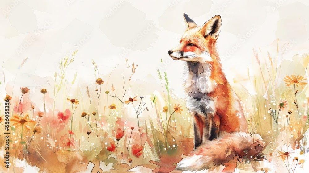 Obraz premium Watercolor Illustration of a Fox in a Blooming Meadow. Delicate Brushstrokes and a Soft Gradient Background Enhance the Natural Beauty.