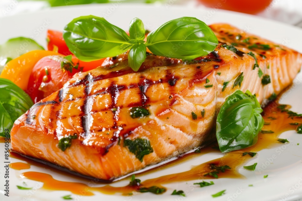Grilled salmon with garnish presented on a plate Grilled salmon with garnish presented on a plate