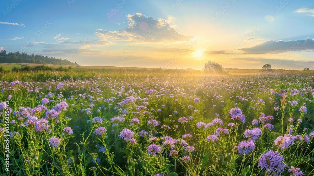 Serene panoramic vista of a rural landscape under a vibrant sunrise, featuring a meadow of blooming purple phacelia flowers during springtime. Serene panoramic vista of a rural landscape under a vibrant sunrise, featuring a meadow of blooming purple phacelia flowers during springtime.